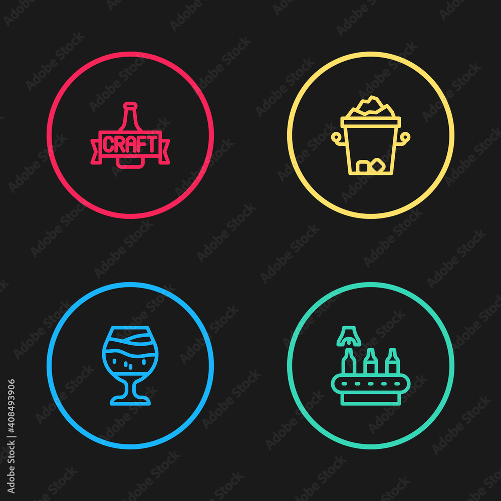 Set line Glass of beer, Conveyor band,, Ice bucket and Beer bottle icon. Vector.