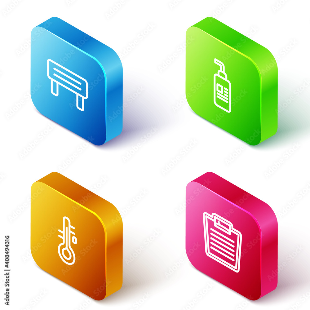 Set Isometric line Sauna wood bench, Cream or lotion cosmetic tube, thermometer and Bathroom scales icon. Vector. Set Isometric line Sauna wood bench, Cream or lotion cosmetic tube, thermometer and Bathroom scales icon. Vector.