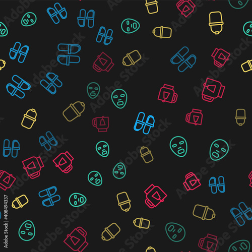 Set line Sauna slippers, Facial cosmetic mask, bucket and Cup of tea with tea bag on seamless pattern. Vector.
