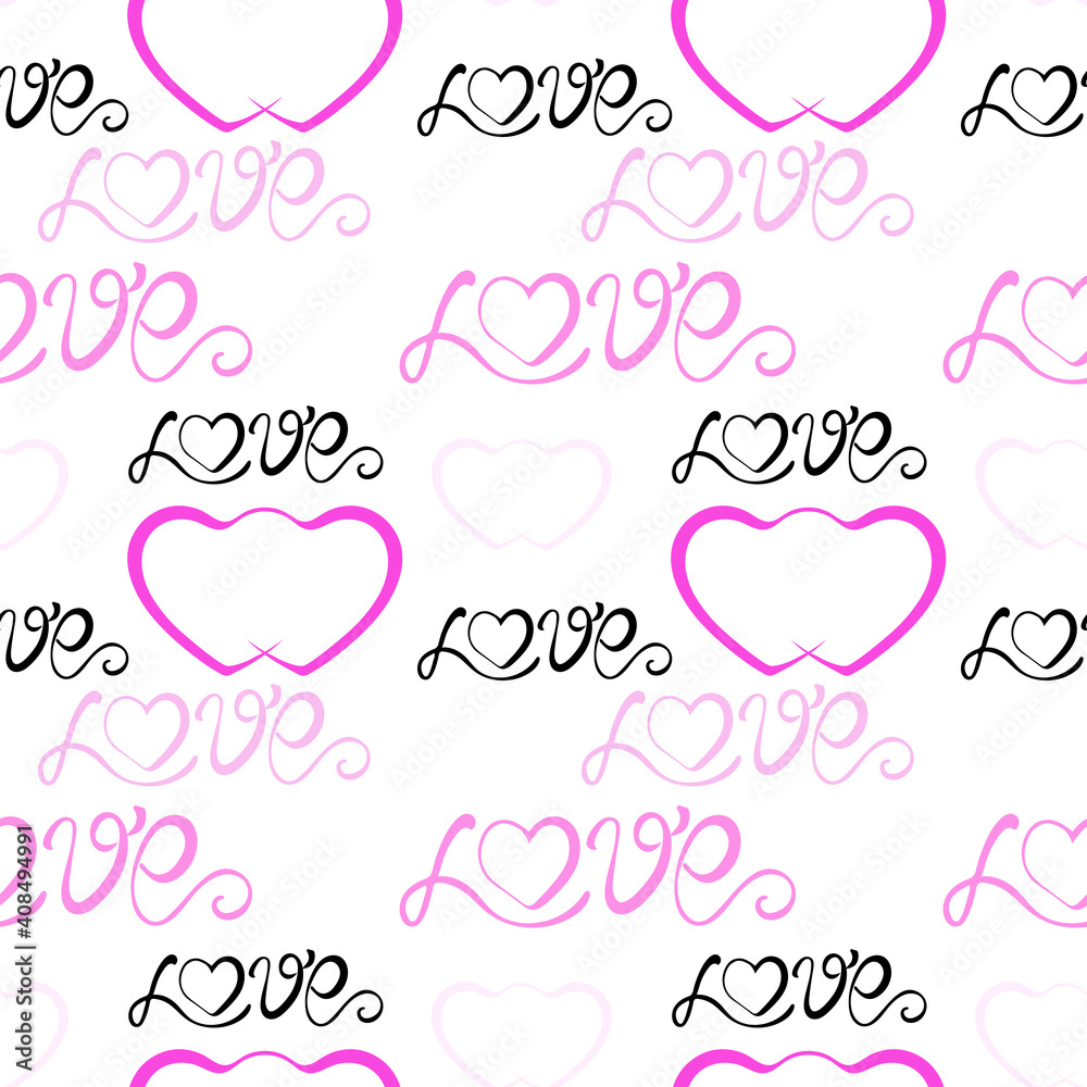 Pattern on theme love. Seamless background with hearts  and word love. Pink delicate template for fabric, packaging and design vector illustration