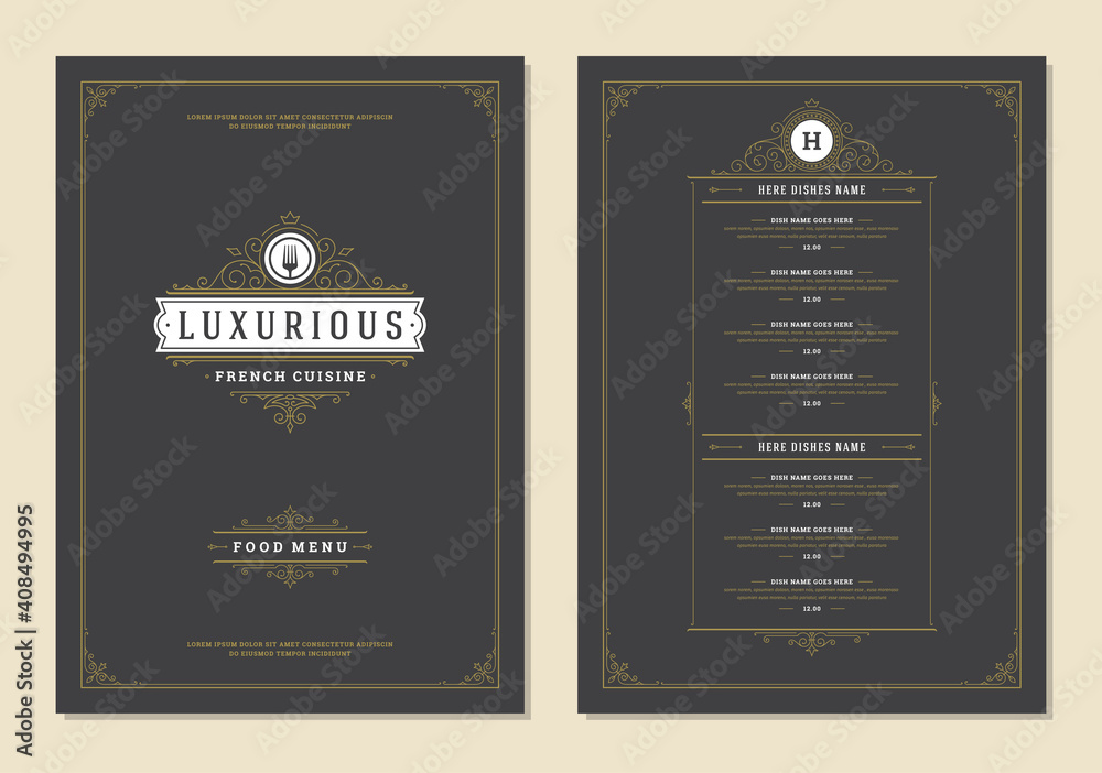 Menu design template with cover and restaurant vintage logo vector ...