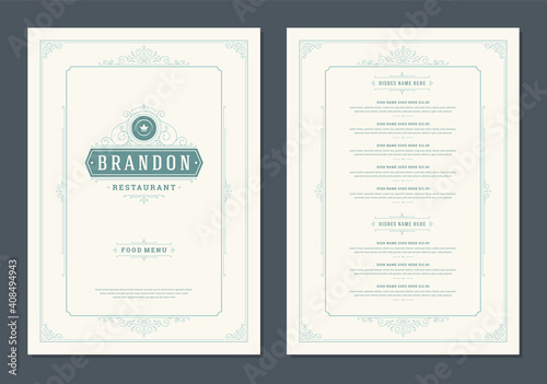 Menu design template with cover and restaurant vintage logo vector brochure.