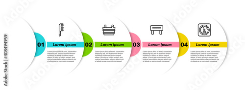 Set line Hairbrush, Sauna bucket, wood bench and thermometer. Business infographic template. Vector.