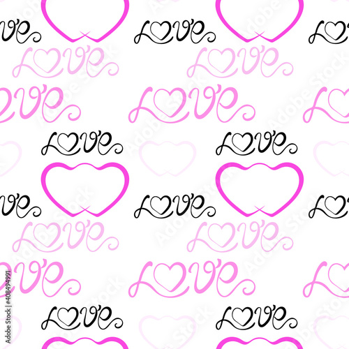 Pattern on theme love. Seamless background with hearts and word love. Pink delicate template for fabric, packaging and design vector illustration