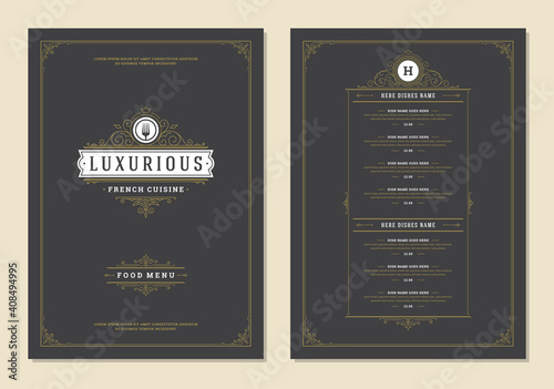 Menu design template with cover and restaurant vintage logo vector brochure.