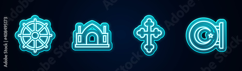 Set line Dharma wheel, Hindu spiritual temple, Christian cross and Star and crescent. Glowing neon icon. Vector.