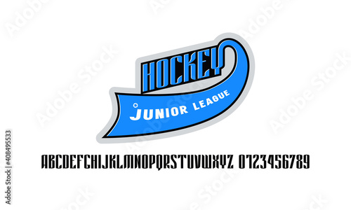 Compressed sans serif font and hockey emblem