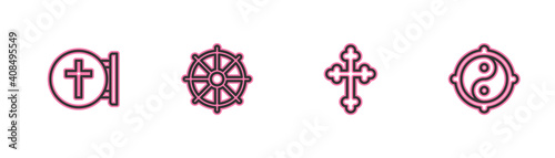 Set line Christian cross, , Dharma wheel and Yin Yang icon. Vector.