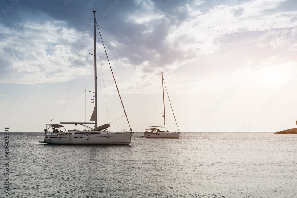 luxury  big white sailing yachts at the sea