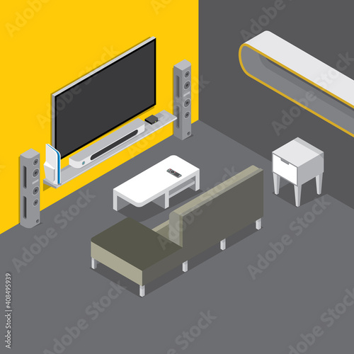Living room with home theater in a room with yellow on the wallpaper