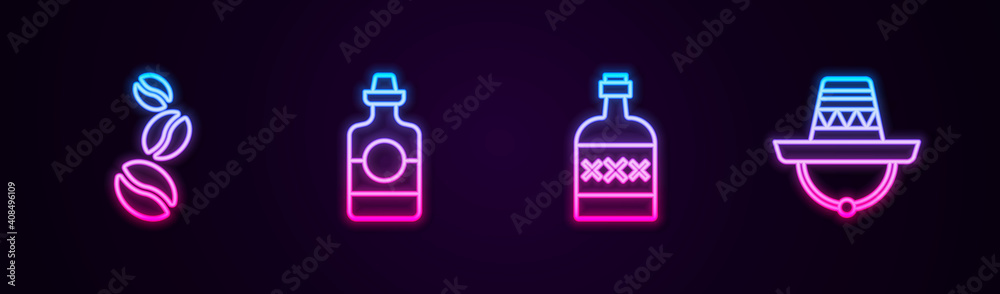 Obraz premium Set line Coffee beans, Tequila bottle, and Mexican sombrero. Glowing neon icon. Vector.