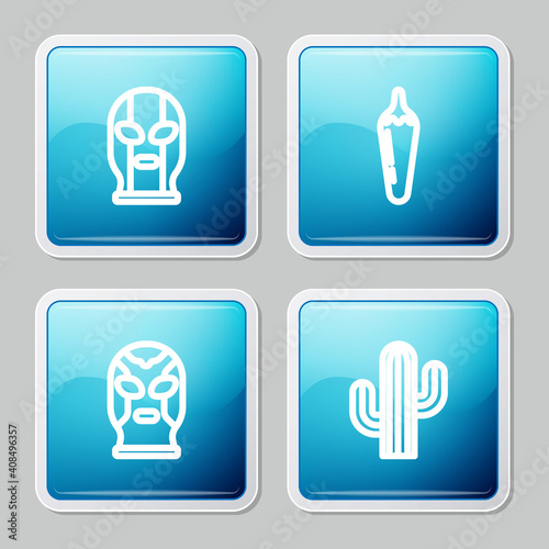 Set line Mexican wrestler  Hot chili pepper pod  and Cactus icon. Vector.