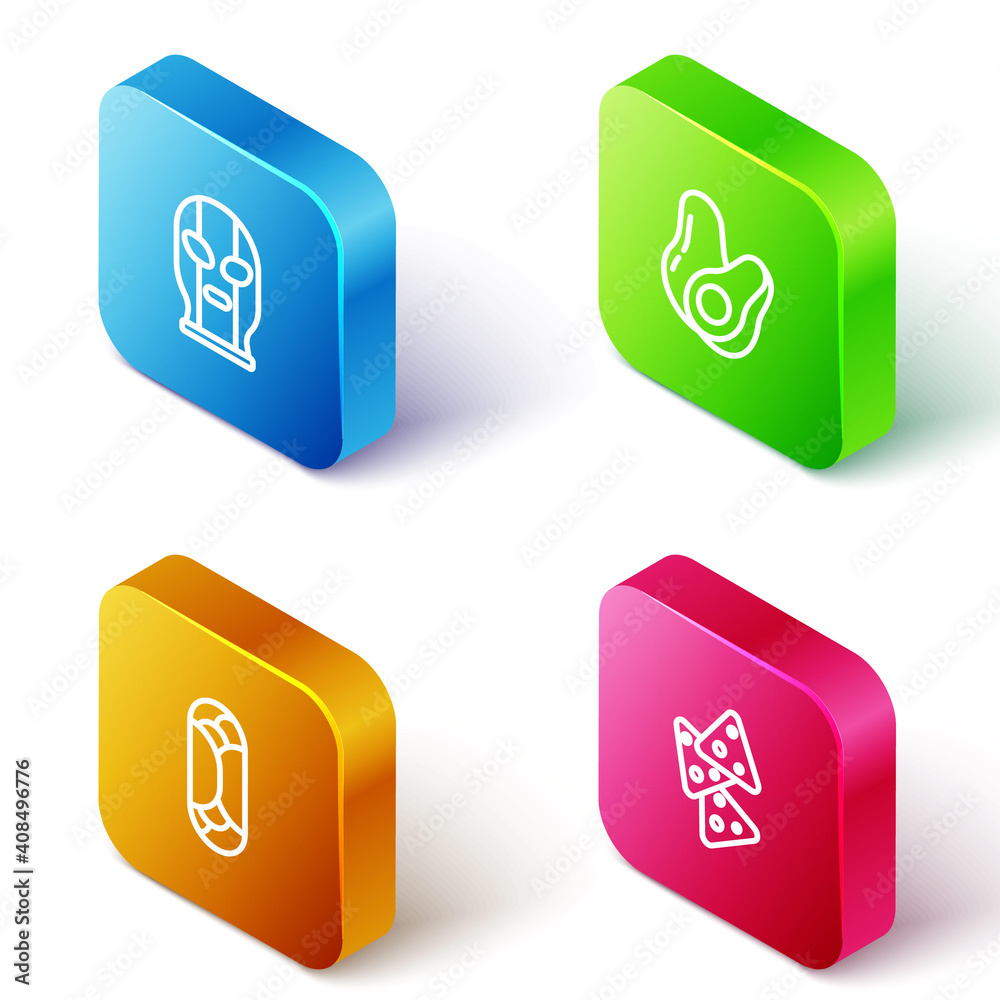 Set Isometric line Mexican wrestler, Avocado fruit, Burrito and Nachos icon. Vector.