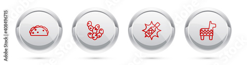 Set line Taco with tortilla, Cactus, Tabasco sauce and Pinata. Silver circle button. Vector.