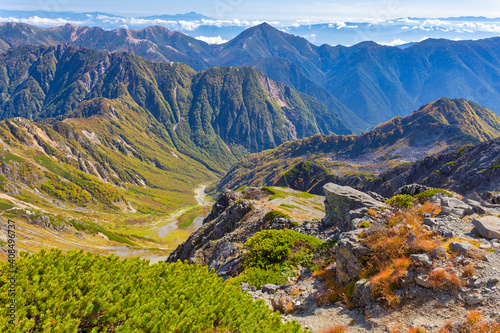 Landscape in the mountains, a shot of Mt. Yari valley, towards Mt. Jōnen from Mt. Nakadake, during Koyo (Autumn Leaf Color) season. Kamikochi, Japanese  photo