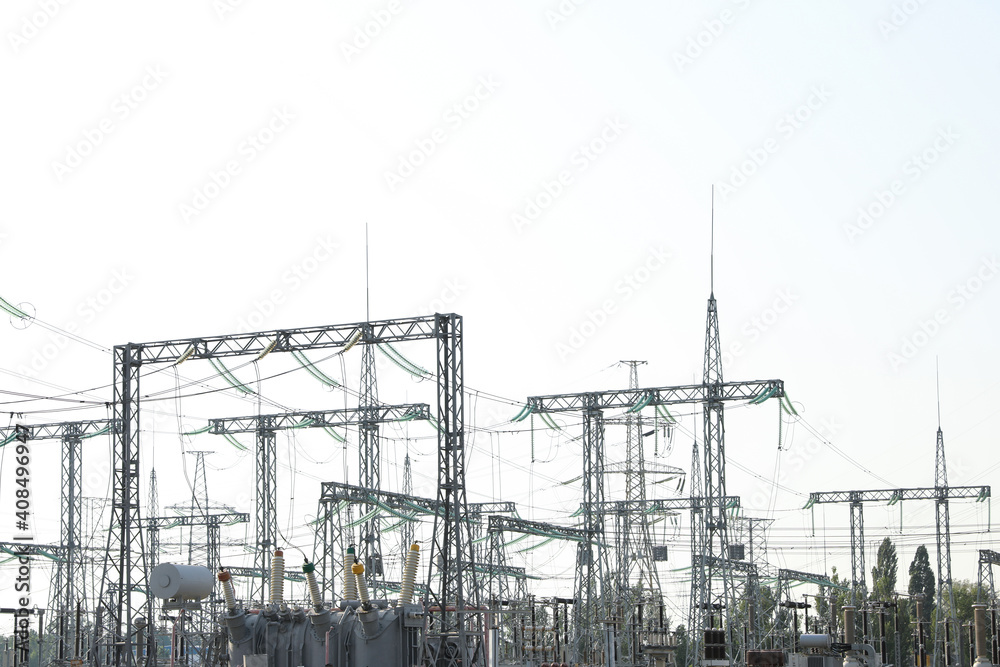 Modern electrical substation outdoors on sunny day Modern electrical substation outdoors on sunny day