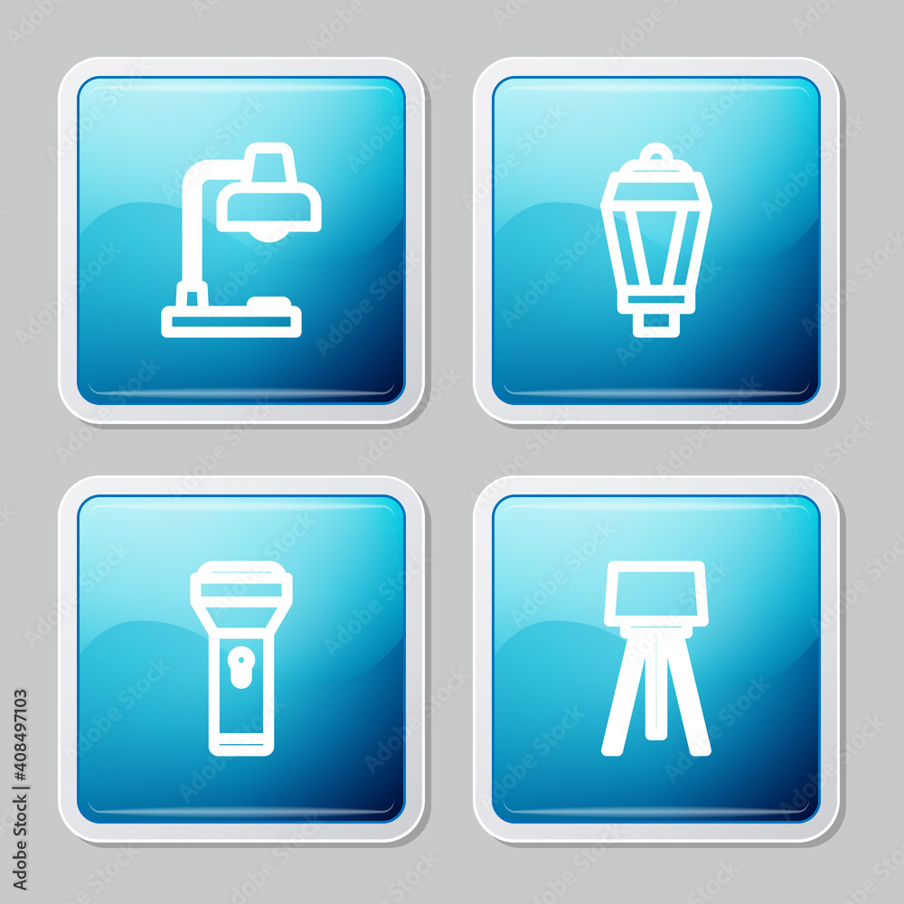 Set line Table lamp, Garden light, Flashlight and Floor icon. Vector. Set line Table lamp, Garden light, Flashlight and Floor icon. Vector.