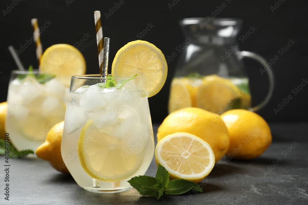 Natural lemonade with mint on grey table. Summer refreshing drink