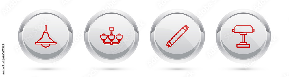 Set line Chandelier, , Fluorescent lamp and Table. Silver circle button. Vector. Set line Chandelier, , Fluorescent lamp and Table. Silver circle button. Vector.
