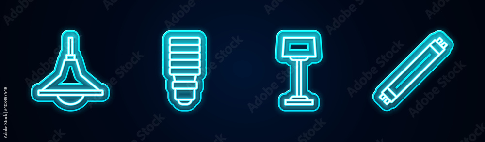 Set line Chandelier, LED light bulb, Floor lamp and Fluorescent. Glowing neon icon. Vector. Set line Chandelier, LED light bulb, Floor lamp and Fluorescent. Glowing neon icon. Vector.