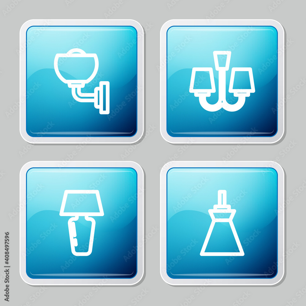 Set line Wall lamp or sconce, Chandelier, Table and Lamp hanging icon. Vector. Set line Wall lamp or sconce, Chandelier, Table and Lamp hanging icon. Vector.