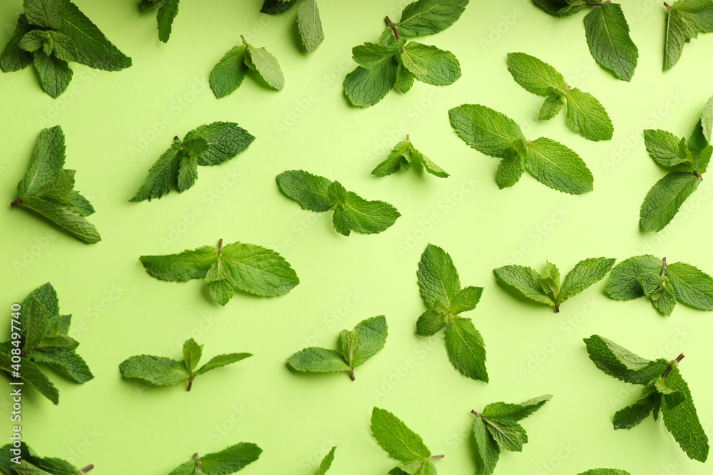 Fresh mint on green background, flat lay Fresh mint on green background, flat lay