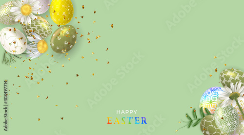 Easter banner with Easter eggs. Greeting poster for Easter Day. Top view. Promotion and shopping template for Easter.