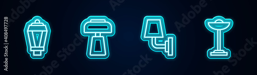 Set line Garden light lamp, Table, Wall or sconce and Floor. Glowing neon icon. Vector.