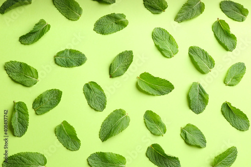 Fresh mint on green background, flat lay