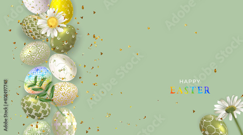 Easter banner with Easter eggs. Greeting poster for Easter Day. Top view. Promotion and shopping template for Easter.
