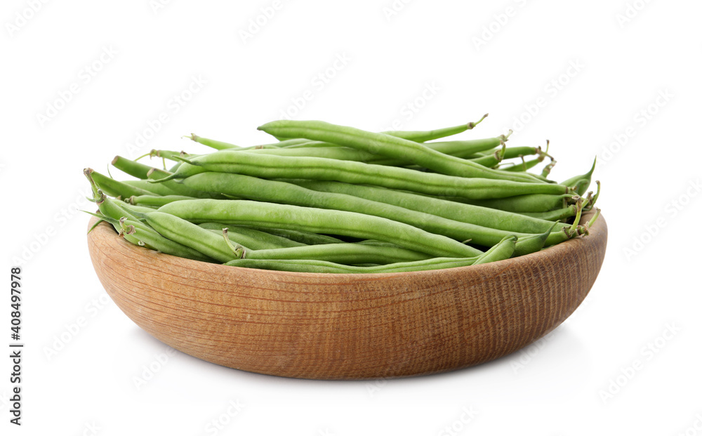 Fresh green beans in wooden bowl isolated on white Fresh green beans in wooden bowl isolated on white