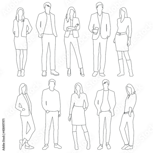 Vector silhouettes of  men and a women, a group of standing  business people,  linear sketch, black and white color isolated on white background