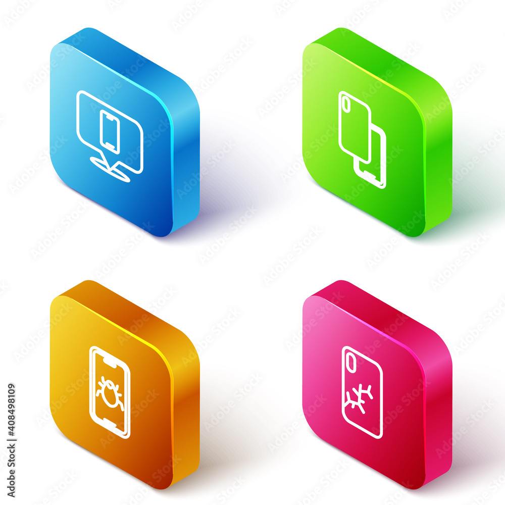 Set Isometric line Phone repair service, Smartphone, System bug mobile and Mobile with broken screen icon. Vector. Set Isometric line Phone repair service, Smartphone, System bug mobile and Mobile with broken screen icon. Vector.