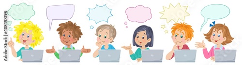 Children of different nationalities with their laptops. Various emotions. Banner with speech bubbles. In cartoon style. Isolated on white background. Vector flat illustration.
