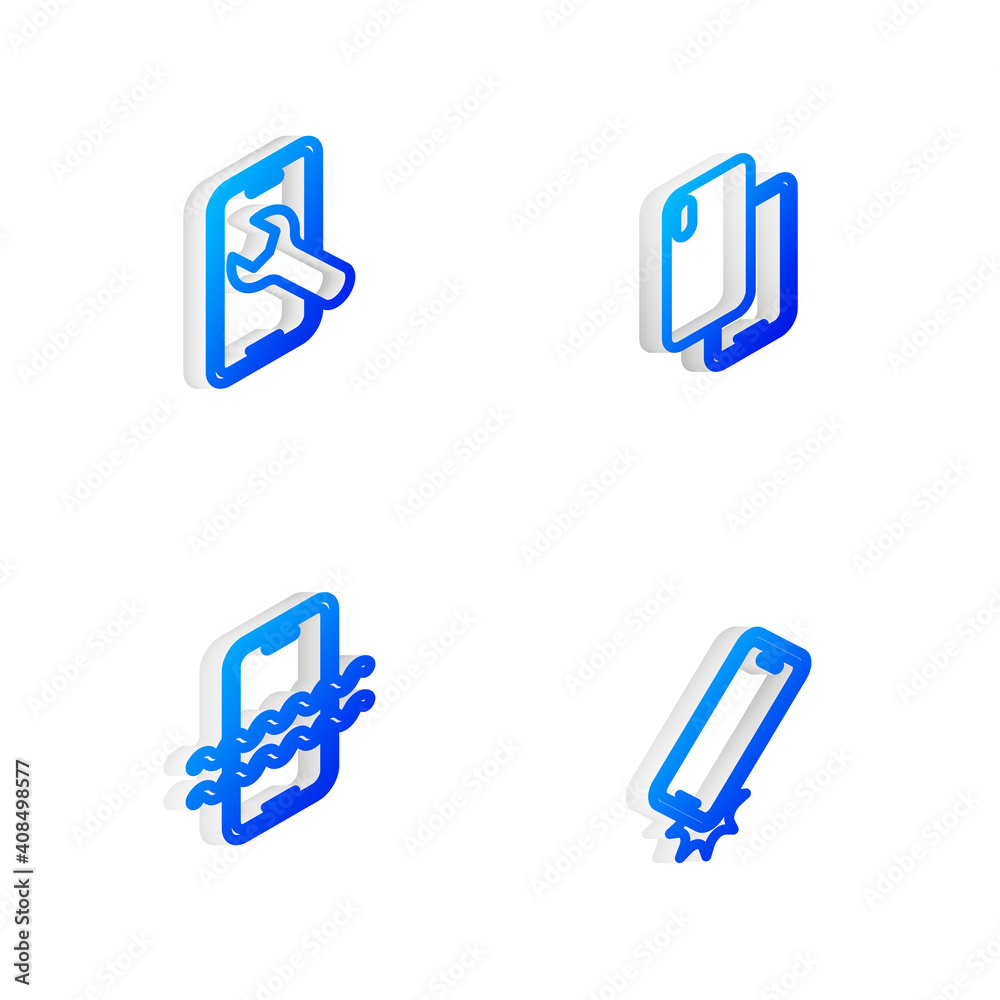 Set Isometric line Smartphone, Mobile service, Waterproof and Shockproof icon. Vector. Set Isometric line Smartphone, Mobile service, Waterproof and Shockproof icon. Vector.