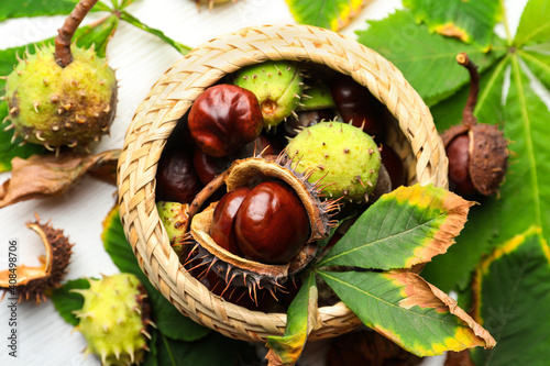 Horse chestnuts in wicker basket on white wooden table, flat lay