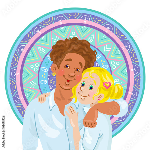 Contemporary portrait of a young happy couple against the backdrop of a round colorful ornament. A man and a woman are hugging. Isolated on white background. Vector flat illustration.