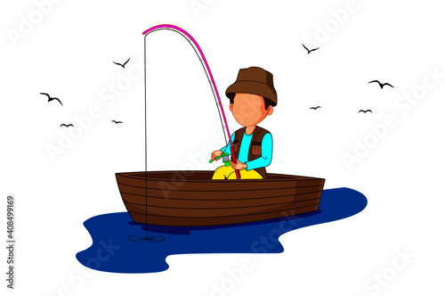 Fisher Man on Boat in the sea with birds vector illustration