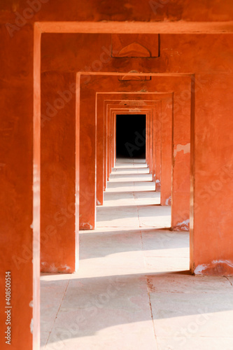 Hallway painted in orange red color  India