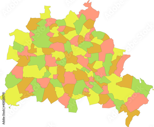 Simple vector pastel map with black borders of boroughs (bezirke) and localities of Berlin, Germany