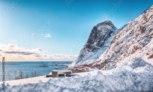 Fabulous winter view of Hamnoy village with Festheltinden peak seen from  Akkarvikodden Reststop photo