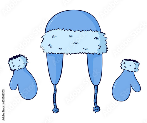 A hat with earflaps is blue with a fur front with ties. And mittens with fur on the wrist. Isolated color image with a dark outline on a white background. Doodle.