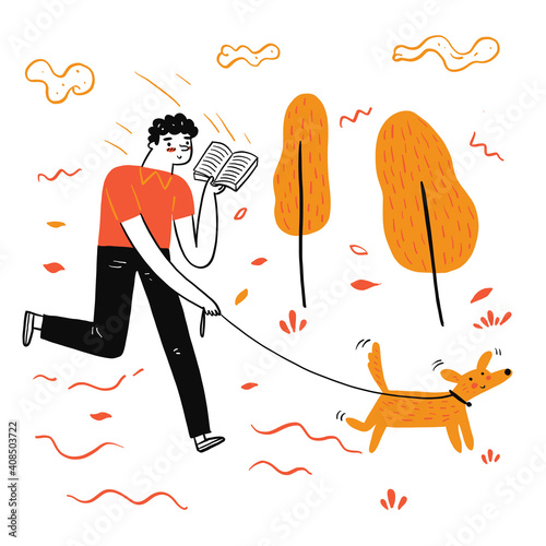 The man walking dog reading a favorite book