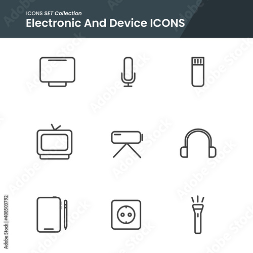 icon set of electronic and device microphone, headphone, camera and many more. with line style vector. suitable use for web app and pattern design.