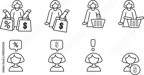 Woman with shopping bags and shopping thin line icon set. Vector icons.