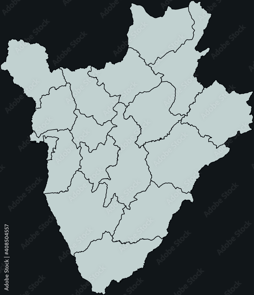 ontour vector map of Burundi with the designation of the administrative borders of the regions on a dark background.