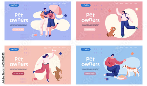 Pet owners landing page template. Happy people playing with their domestic animal set of four scenes, training a puppy, walking with little friend. Person is having leisure spend time with cat and dog