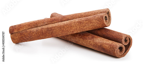 Photographie Cinnamon sticks isolated on white background. Cinnamon packaging