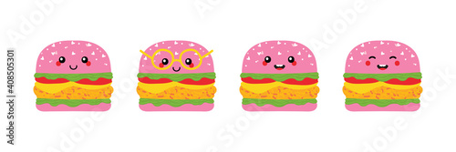 Set, collection of cute and happy pink cheeseburger, burger characters for fast food design.