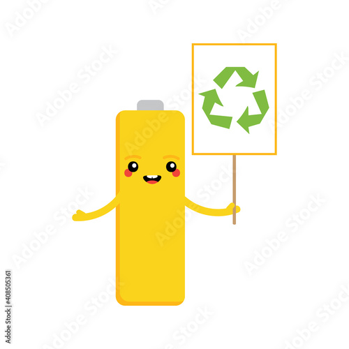 Cute yellow cartoon battery, accumulator character holding card, banner with recycling symbol.